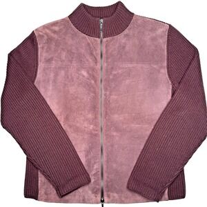 VTG Valerie Jacket Womens Petite Large Leather Merino Wool Full Zip Knit Sleeves